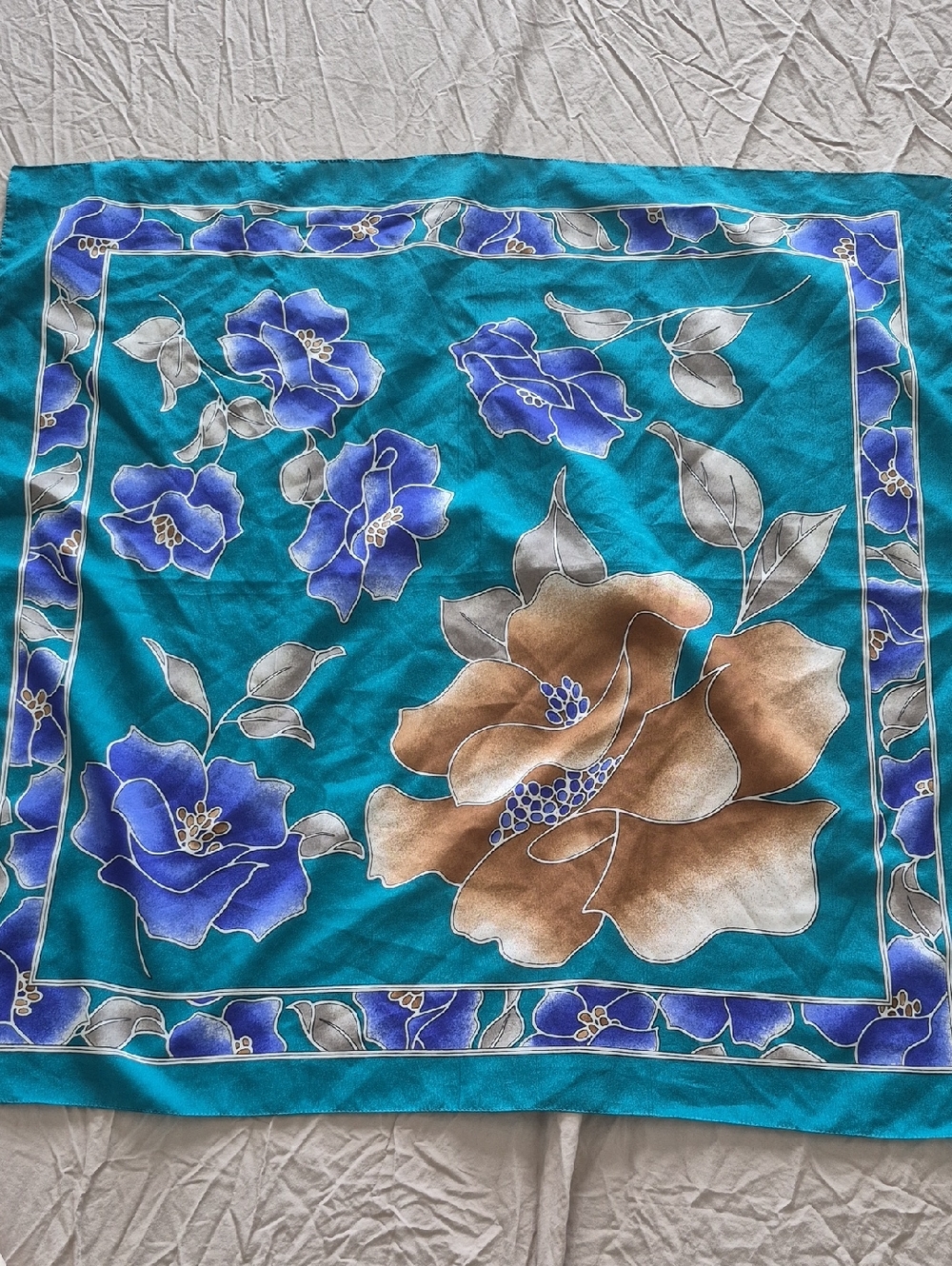 Floral Silk Scarf in Teal, Blue & Brown
